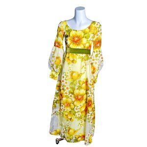 Vtg 60's 70's Yellow Floral Poof Long Sleeve Velvet Belt Bow Debutante Dress